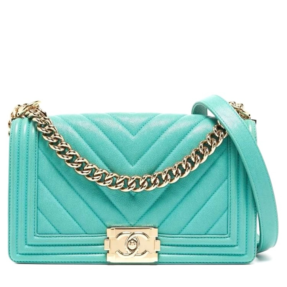CHANEL AQUA GREEN CHEVRON CAVIAR MEDIUM BOY FLAP BAG